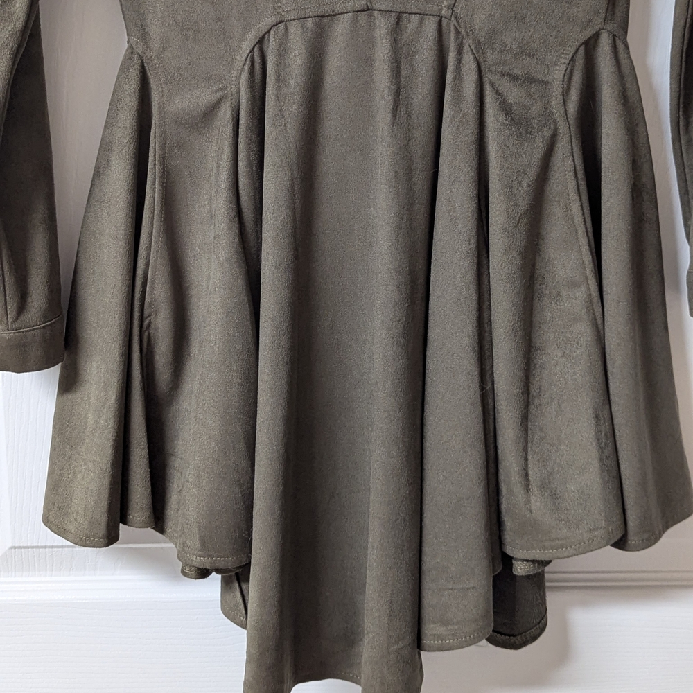 Women's Olive Green Button-Front Flared Suede Shirt Dress - Picture 6 of 14